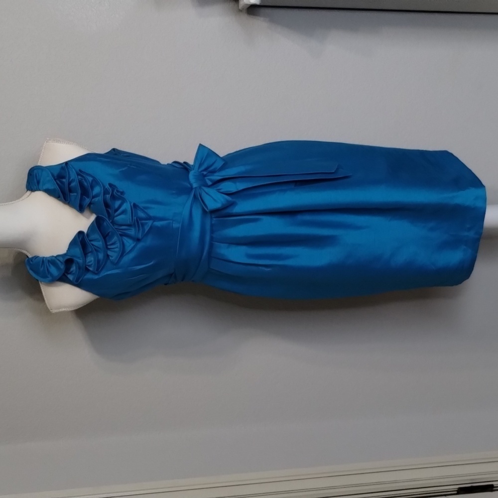 Evan Picone Teal Blue Satin Ruffle Halter Dress